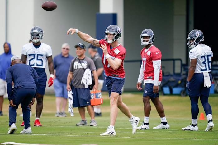 Tennessee Titans quarterback Ryan Tannehill (17) throws during an OTA practice at Ascension Saint Thomas Sports Park in Nashville, Tenn., Wednesday, June 14, 2023.